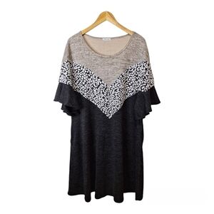 Story Teller Womens Pullover Tunic‎ Dress 3X Mixed Print Ruffle Sleeve Pockets